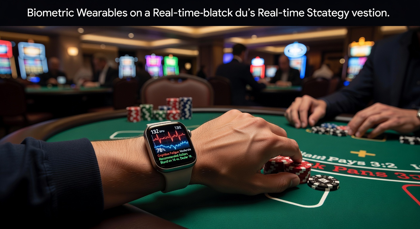 Casino player wearing biometric wrist device while reviewing blackjack table layout during extended play session
