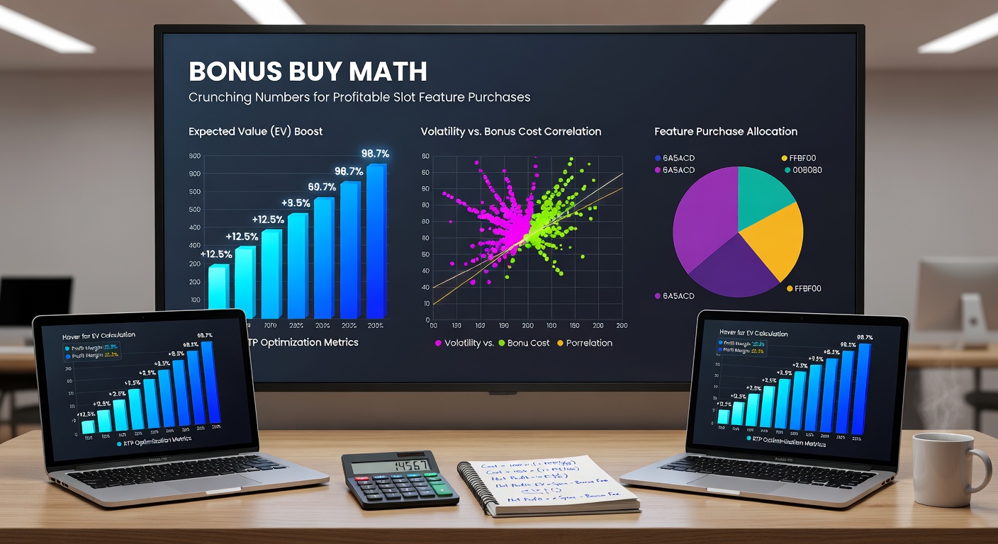 Close-up chart comparing base game RTP versus bonus buy RTP curves, with volatility bars and EV projections