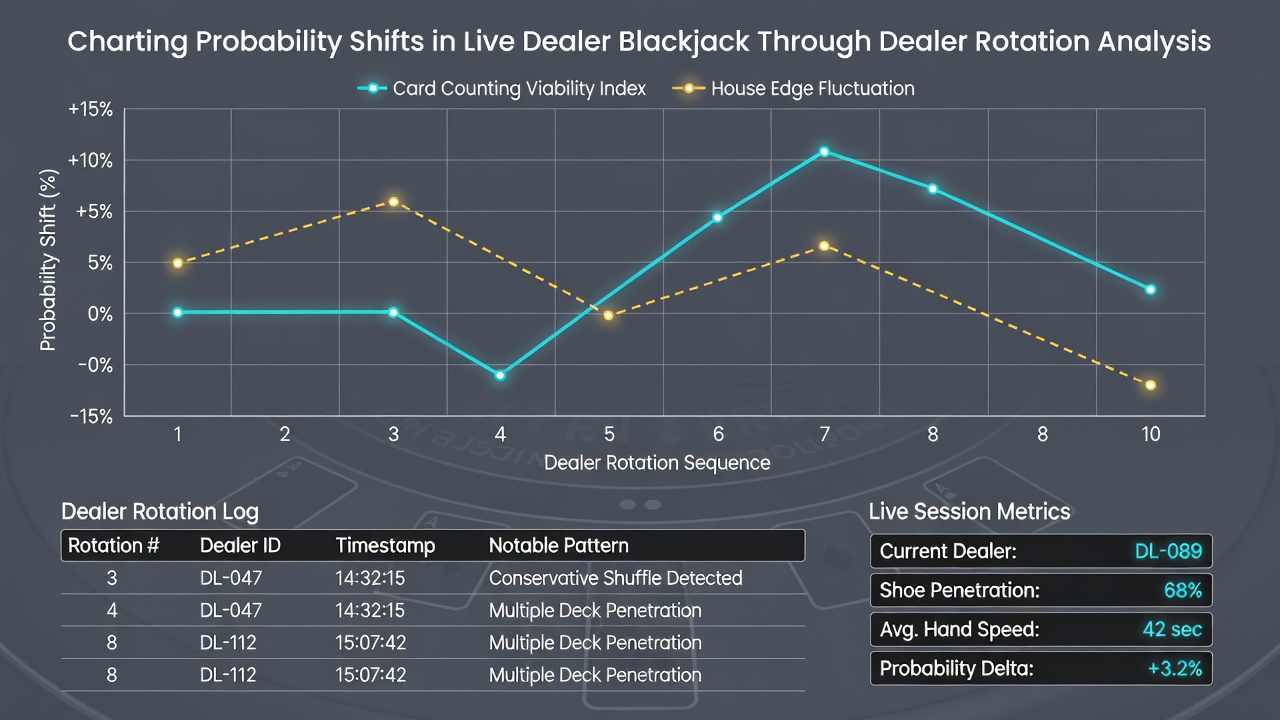 Statistical dashboard displaying dealer rotation cycles and probability shift graphs for live blackjack