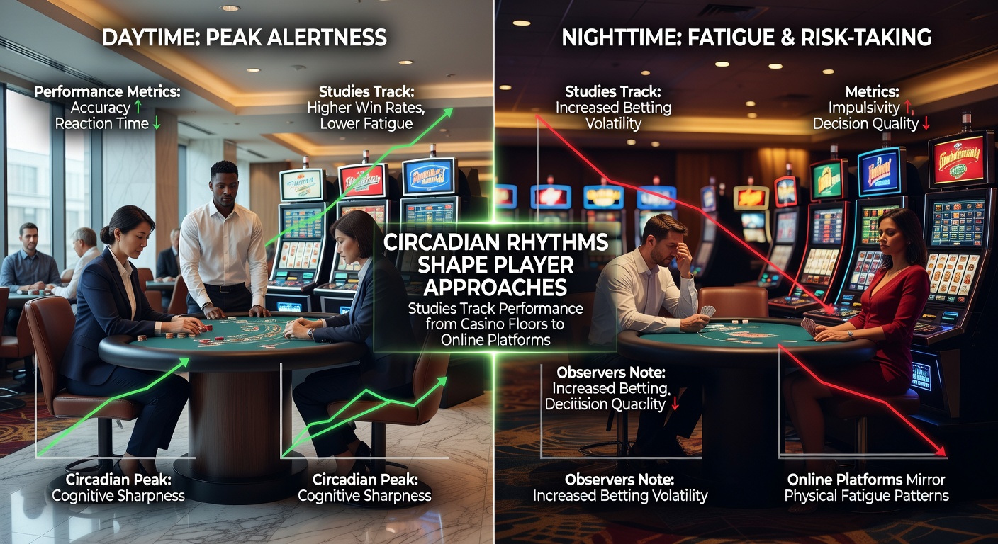 Casino floor showing players at table games and betting terminals during varying daylight hours with clocks visible in background