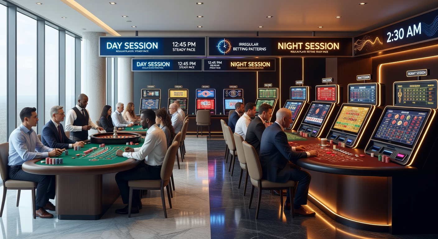 Players at casino tables and digital terminals during evening hours with performance tracking overlays