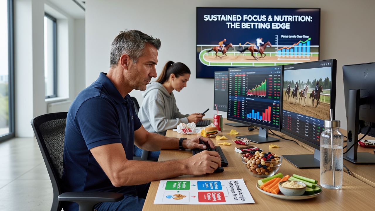 Hydration stations and healthy snack setups positioned near betting terminals for use during marathon horse racing events