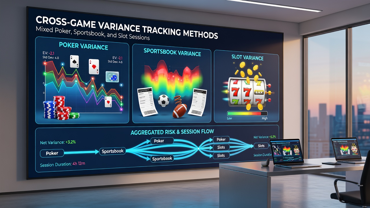 Screenshot of a variance tracking dashboard displaying combined poker, sports, and slots data