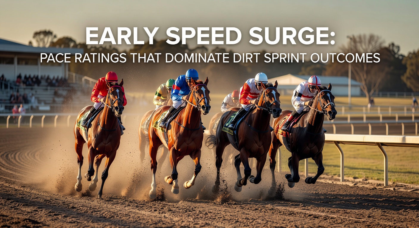 A horse bolts from the gate with explosive early speed in a packed dirt sprint field, kicking up dirt as it surges ahead under a clear blue sky