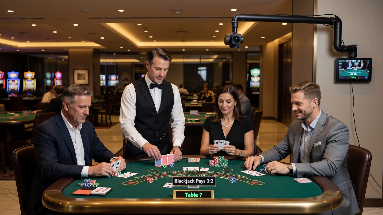 Close-up view of blackjack cards and chips at different table positions during active play
