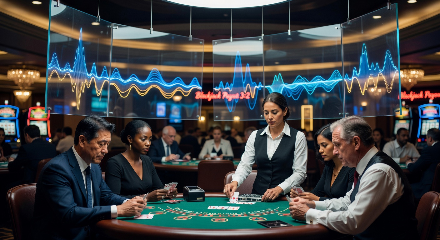 Interior view of a busy casino blackjack pit showing ambient lighting, table layouts, and crowd density that contribute to overall sound levels