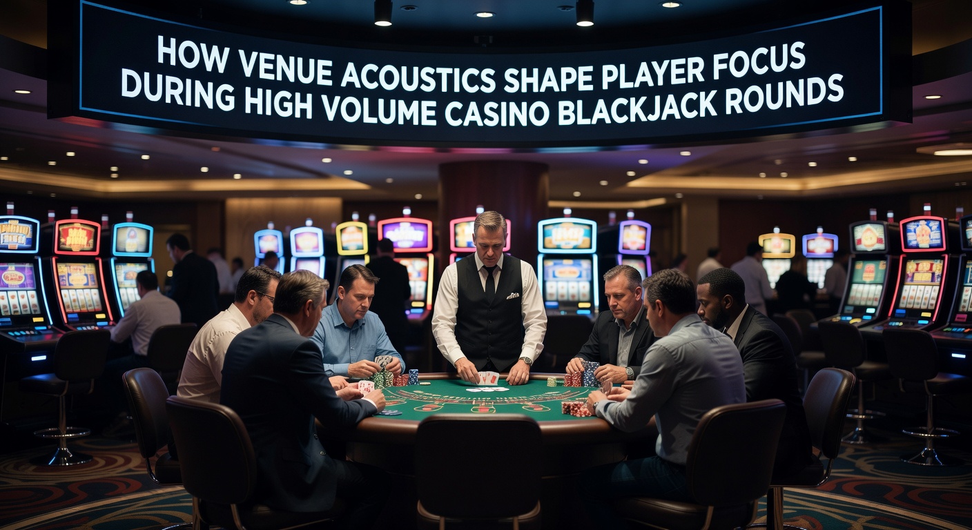 Close-up of a blackjack table during peak hours with visible sound-dampening panels and player positioning relative to speakers and crowd pathways