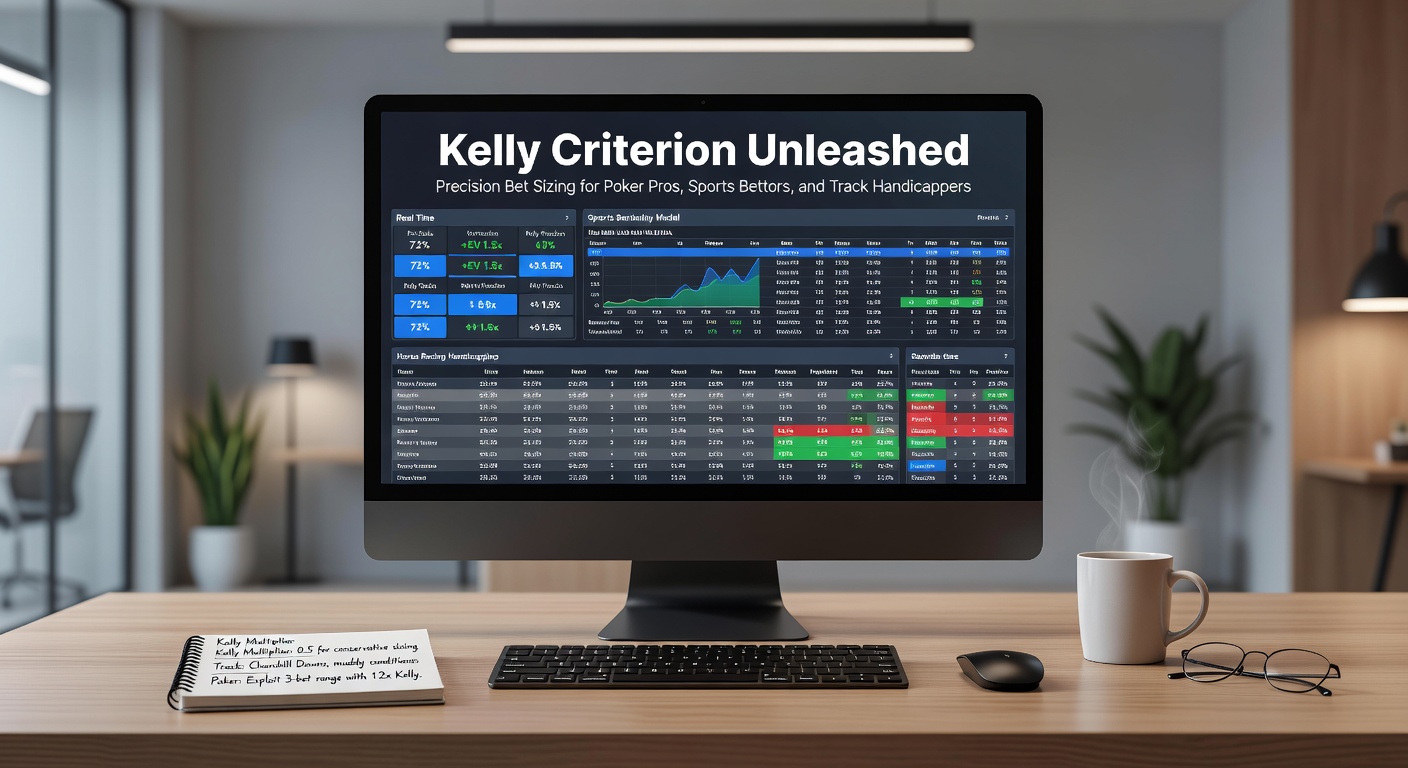 Poker player at a high-stakes table analyzing bet sizes on a laptop screen displaying Kelly Criterion calculations