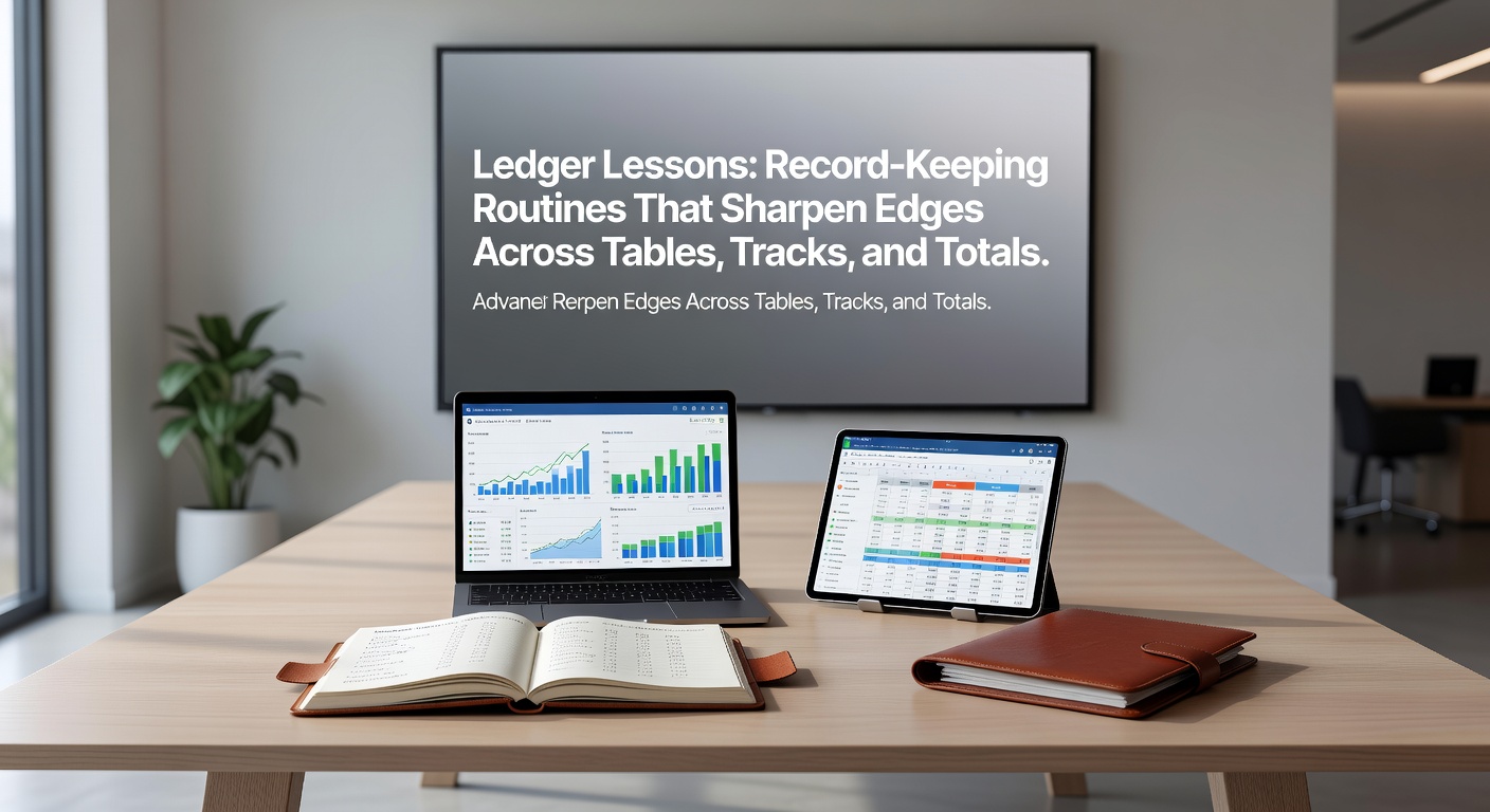 Vintage ledger book open on a wooden desk, filled with handwritten betting records, calculators, and racing forms scattered nearby, evoking disciplined tracking in gambling pursuits