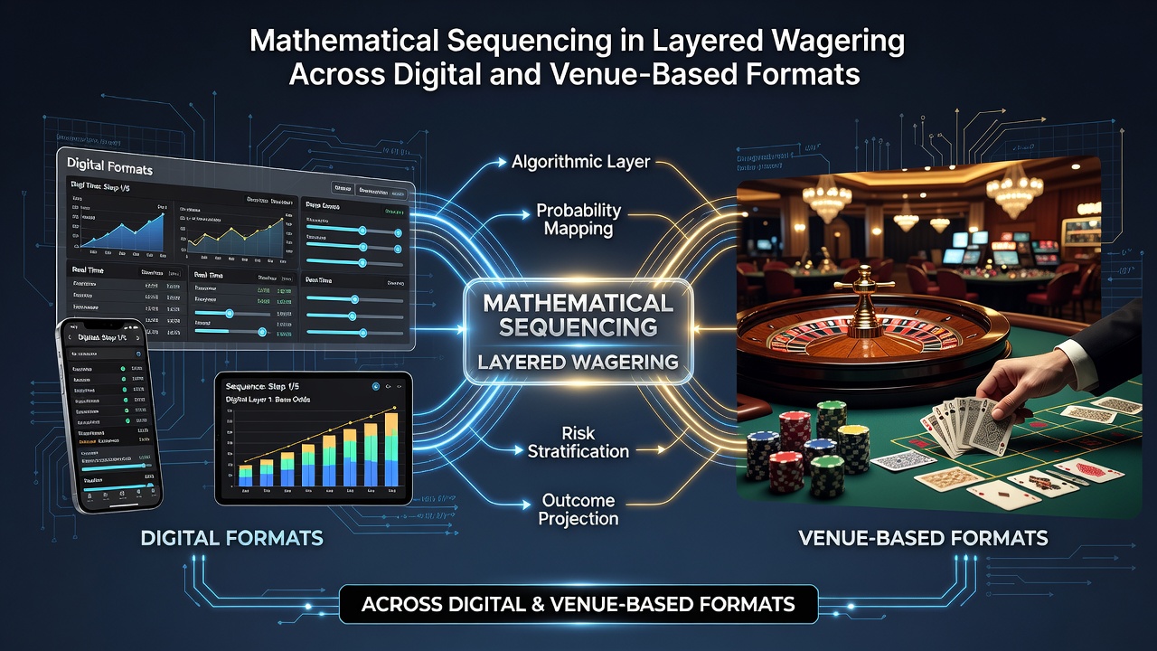 Illustration of mathematical sequencing patterns in layered wagering systems displayed on digital interfaces and physical venue terminals