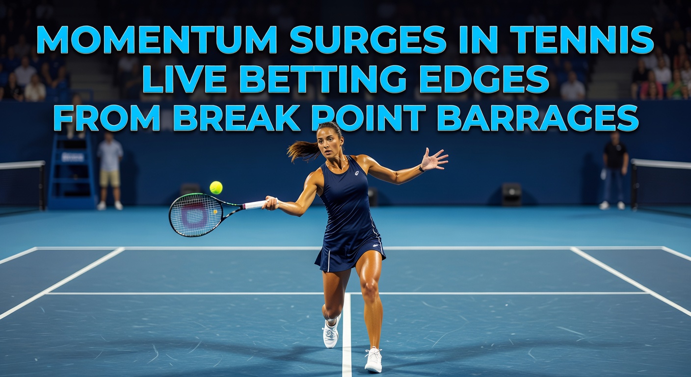 A tennis player lunges for a forehand during a tense break point, sweat flying, crowd blurred in the background