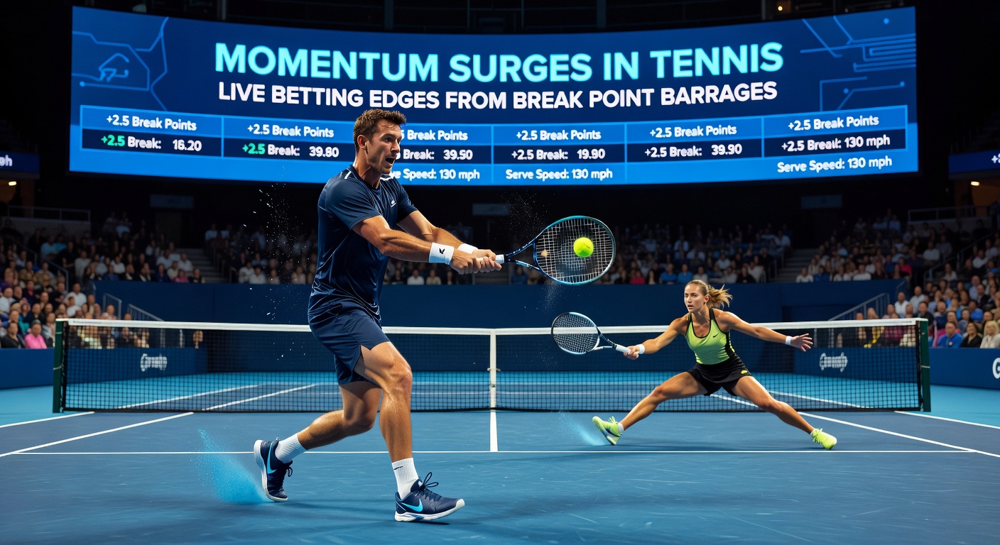 Close-up of a tennis scoreboard showing a break point barrage in progress, with the returner poised aggressively