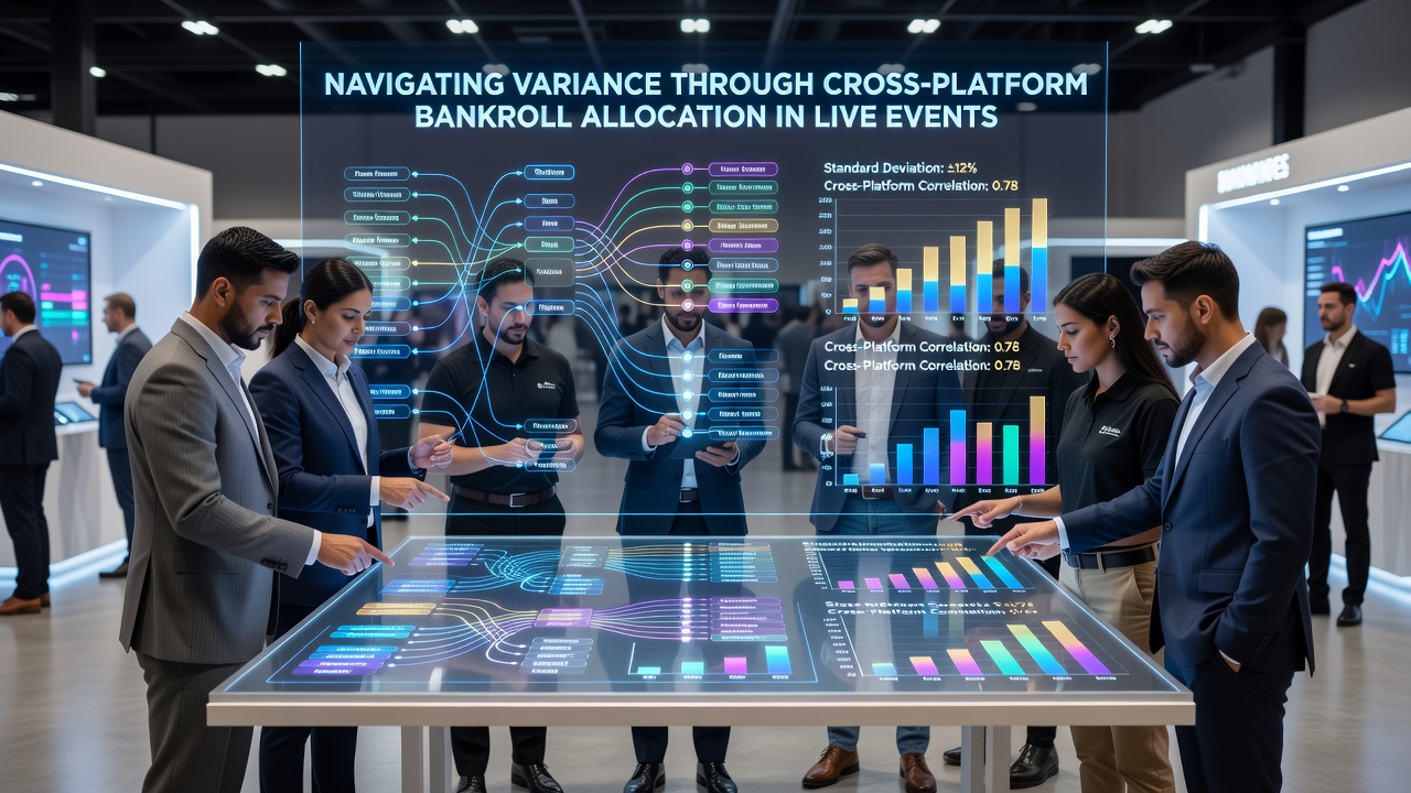 Illustration of bankroll distribution across multiple live event platforms including poker tables, sports betting terminals, and casino floors