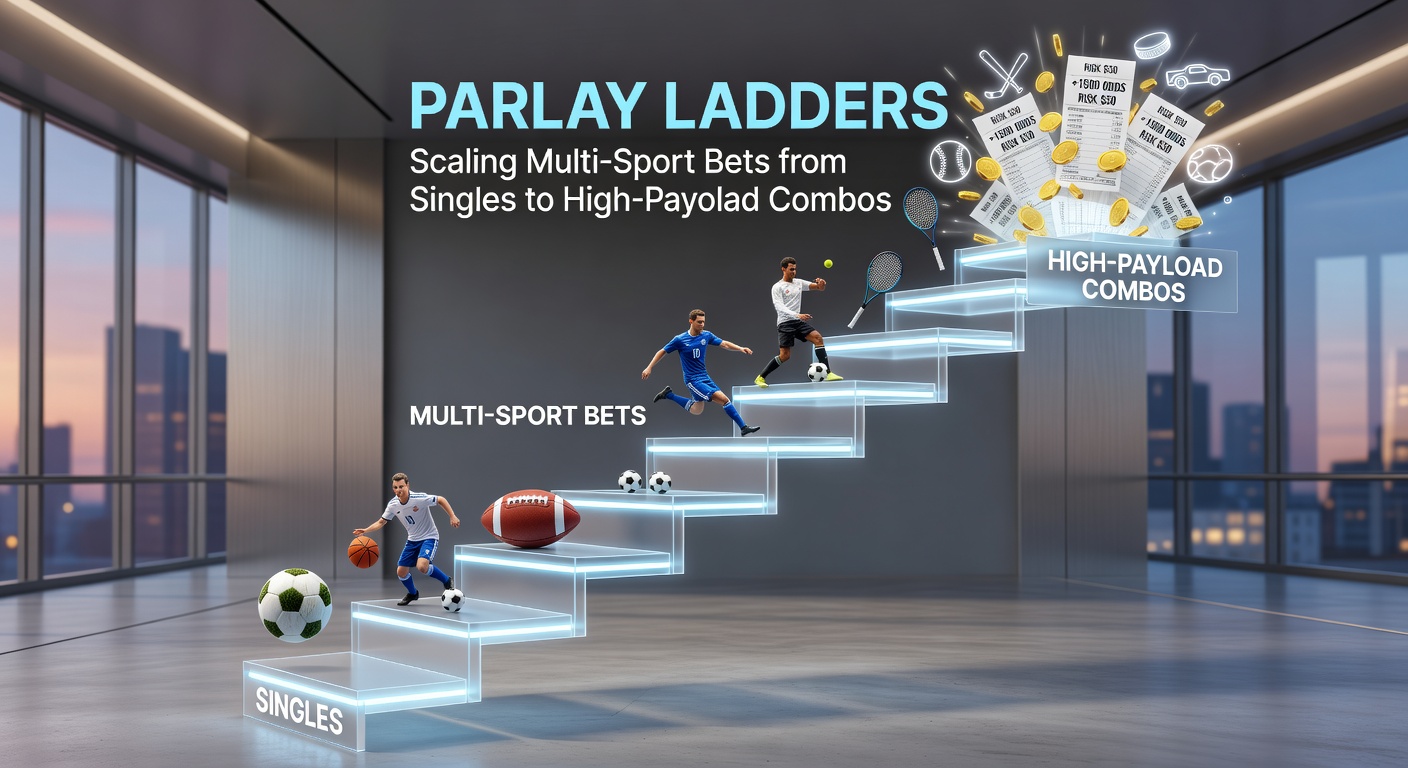 Digital display showing a parlay ladder bet building from single NFL picks to a five-leg multi-sport combo across soccer, basketball, and tennis