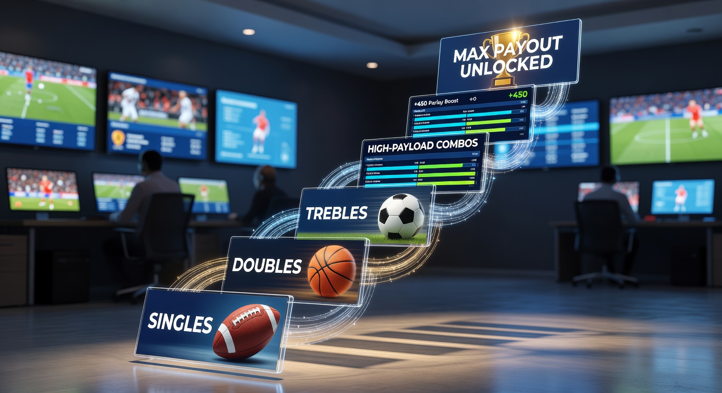 Screenshot of a mobile betting app displaying a live parlay ladder progressing from a soccer single to a four-leg combo including basketball quarters, tennis tiebreaks, and baseball runs