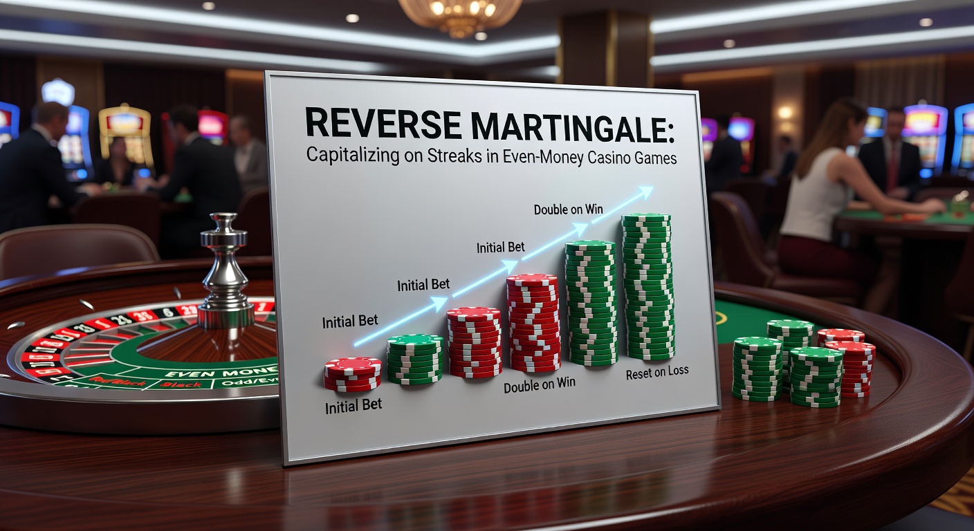 Graph showing simulated Reverse Martingale bankroll growth during a five-win streak versus flat betting, with roulette chips and probability curves overlaid