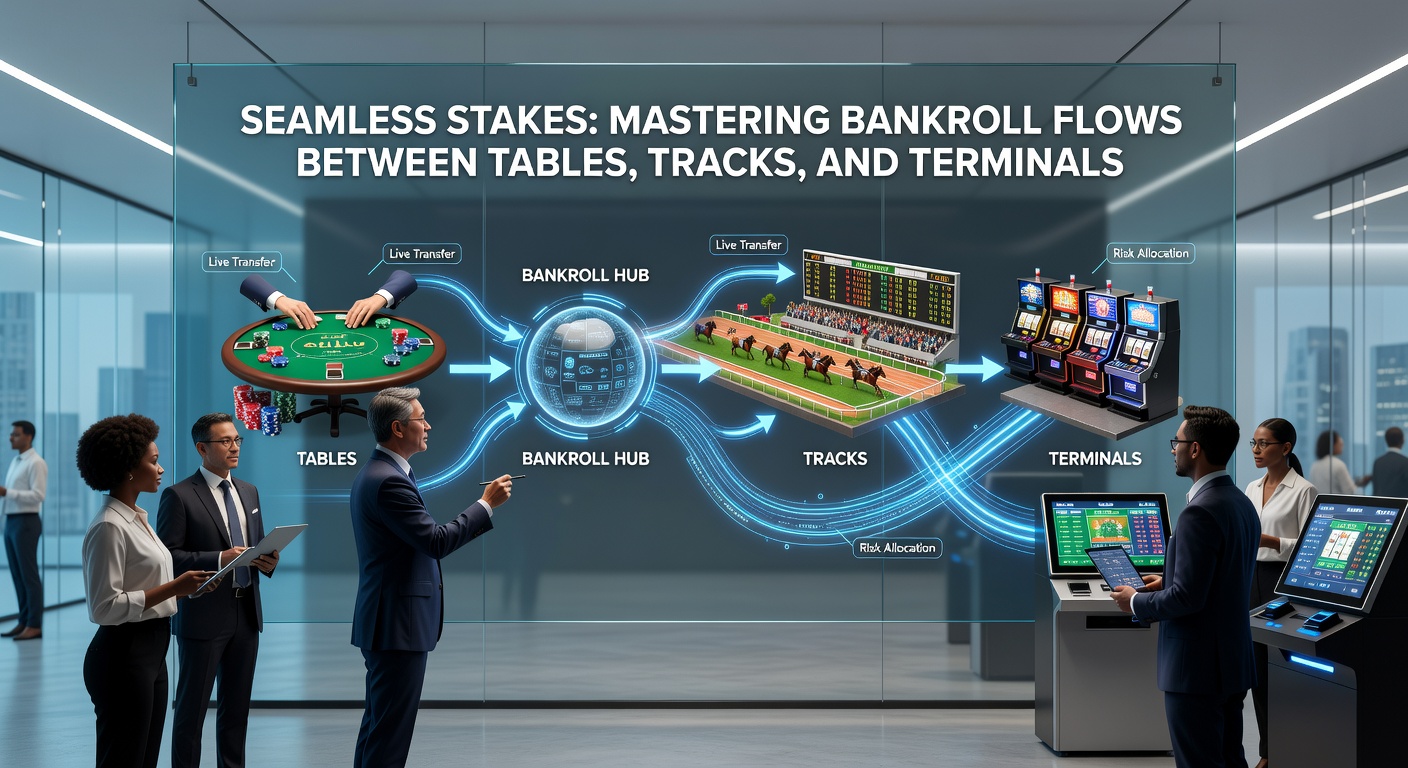 A dynamic scene showing a gambler managing chips at a poker table while checking race results on a terminal screen, illustrating bankroll flow in action