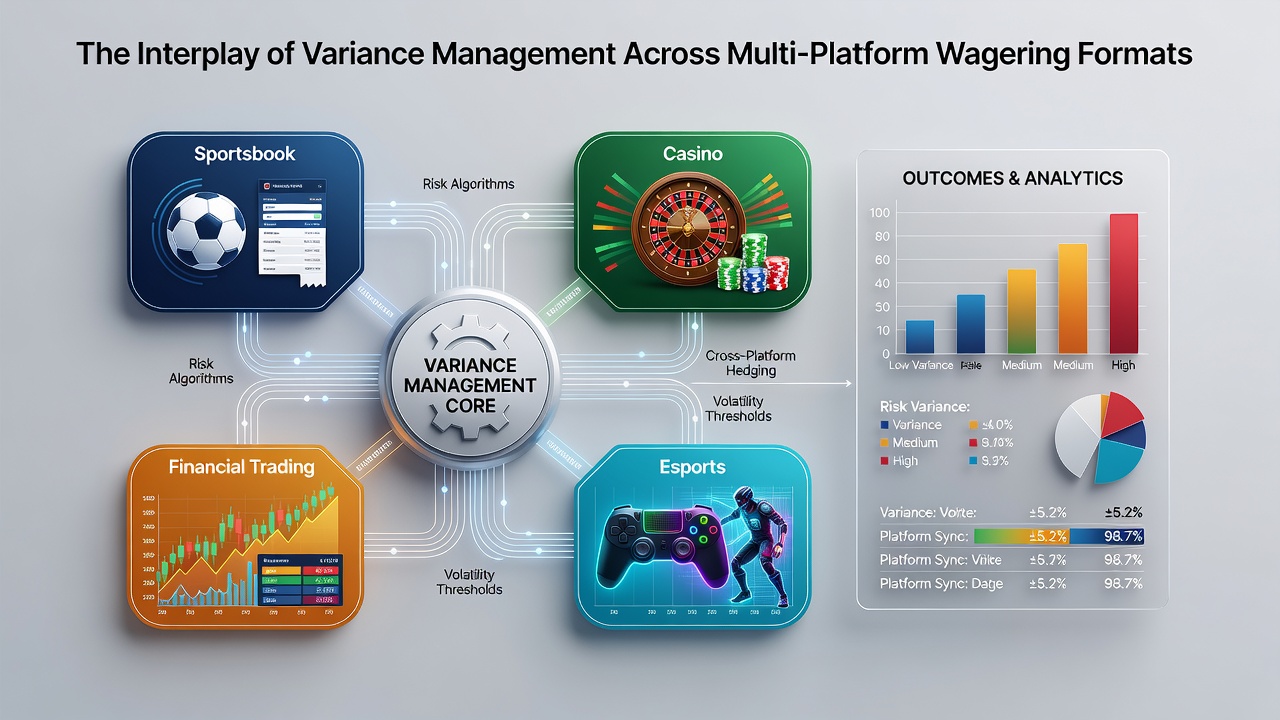 Infographic displaying statistical correlations between variance spikes in sports betting and subsequent adjustments in casino and poker session metrics during 2026 data collection periods