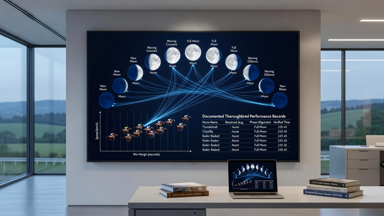 Graph comparing thoroughbred finishing times against lunar phase categories at Baden-Baden and Chantilly racecourses